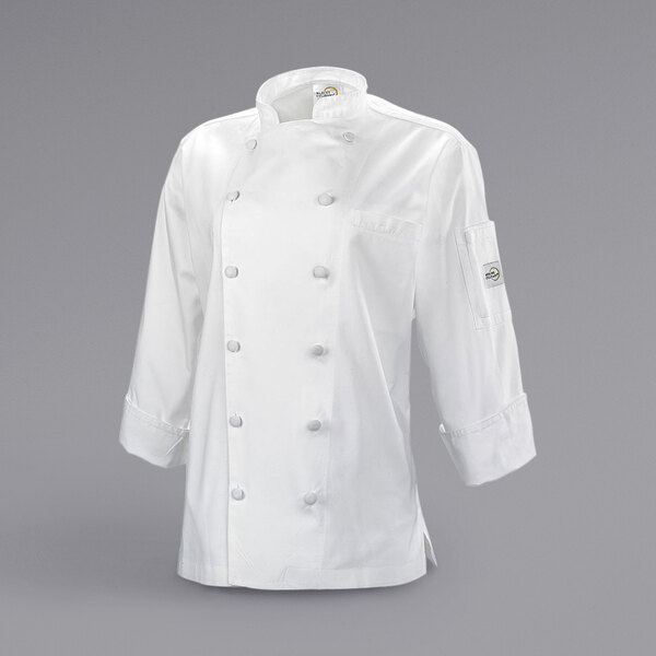 A white Mercer Culinary women's chef coat with buttons and cuffs.