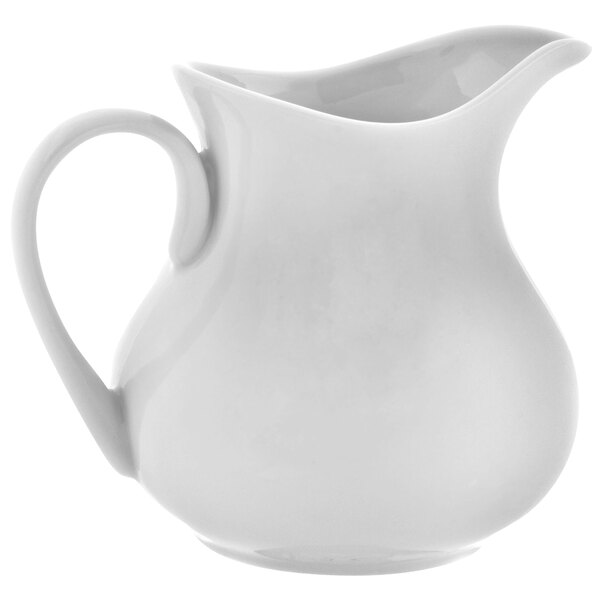 A white porcelain 10 Strawberry Street Royal White creamer pitcher with a handle.