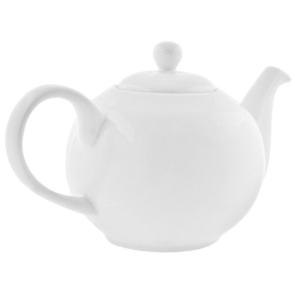 A close-up of a 10 Strawberry Street Royal White porcelain teapot with a handle.