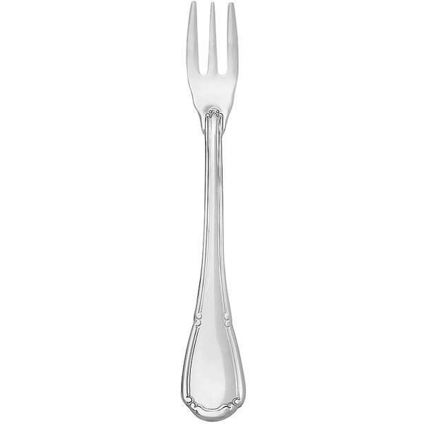 A silver stainless steel cocktail fork with a baroque design on the handle.