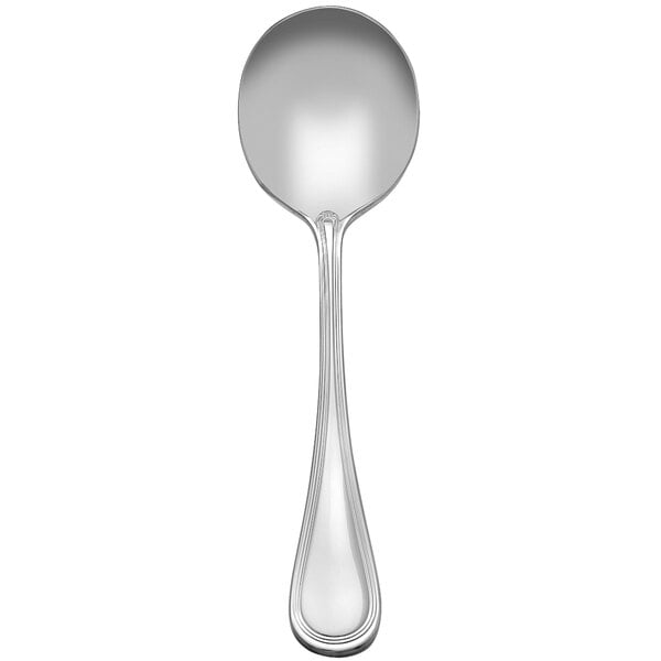 A Libbey Geneva stainless steel round soup spoon with a handle.
