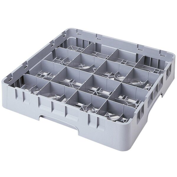 A large soft gray plastic Cambro glass rack with 16 compartments and 6 extenders.