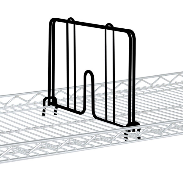 A black Metro drop mat divider for a metal rack.