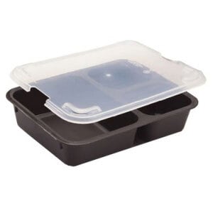 A Cambro translucent plastic container lid with two compartments.