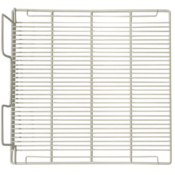 A white coated wire middle shelf for a Turbo Air refrigerator with handles.