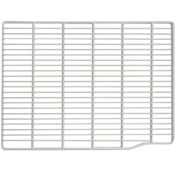 A white metal grid shelf with many small lines.