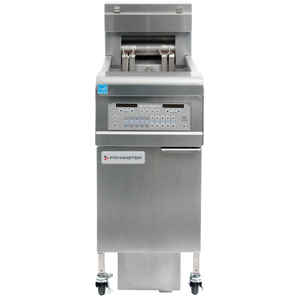 A Frymaster natural gas floor fryer with a stainless steel cabinet.