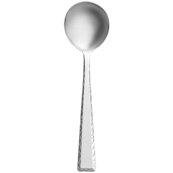 A stainless steel bouillon spoon with a long handle.