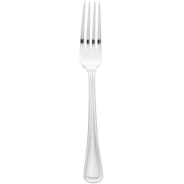 A Libbey stainless steel dinner fork with a black handle.