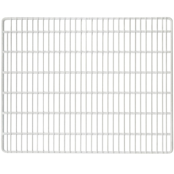A white metal grid shelf with small white lines.