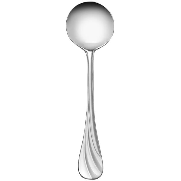 A close-up of a Libbey stainless steel bouillon spoon.