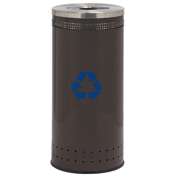 A brown Commercial Zone recycling bin with blue recycling symbols.