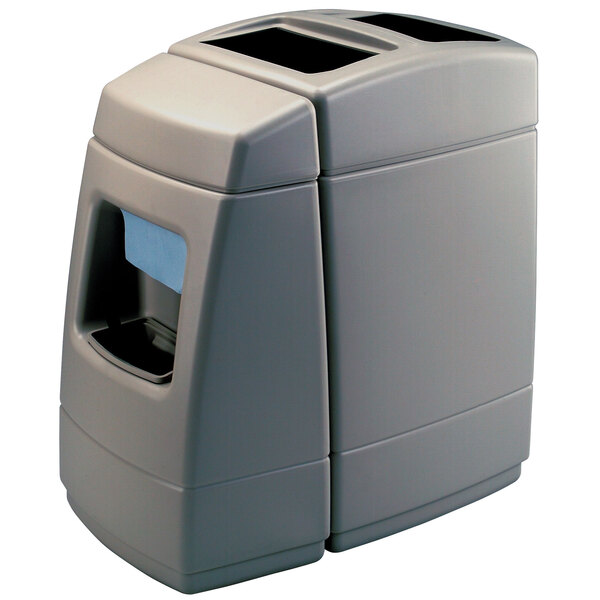 A rectangular grey plastic trash container with paper towel dispenser and squeegee attachments.