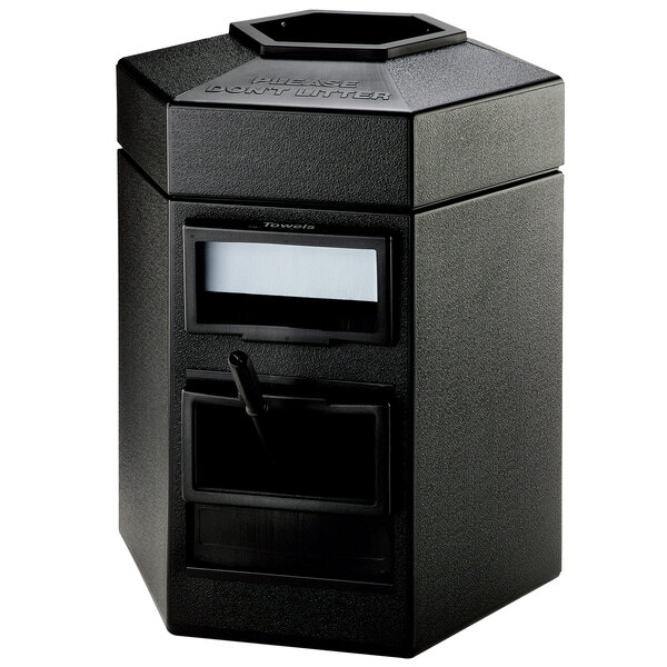 A black hexagonal Commercial Zone Islander waste container with a lid on top.