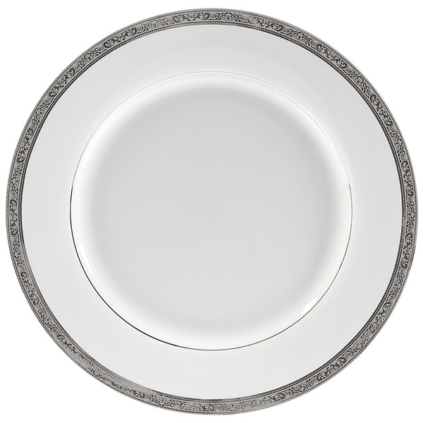 A white porcelain salad/dessert plate with a silver border.