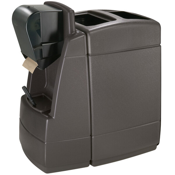 A charcoal gray rectangular waste container with a windshield wash station and squeegee inside.