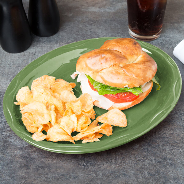 A sandwich and potato chips on a Libbey Cantina sage oval platter.