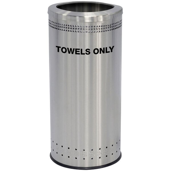 A silver stainless steel Commercial Zone towel receptacle with black text.