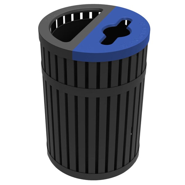A black steel round dual trash and recycling bin with blue lids.