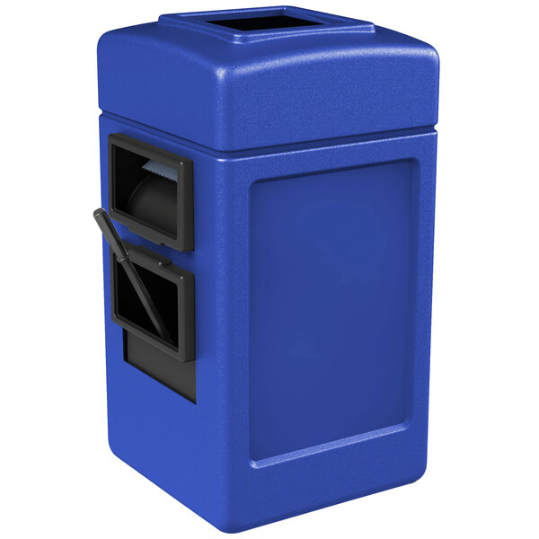 A blue rectangular Commercial Zone Islander waste container with a black lid.