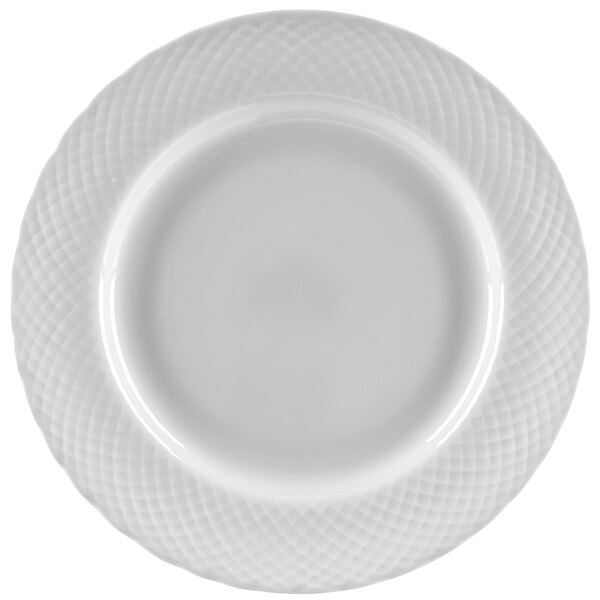A white 10 Strawberry Street porcelain bread and butter plate with a wicker pattern.