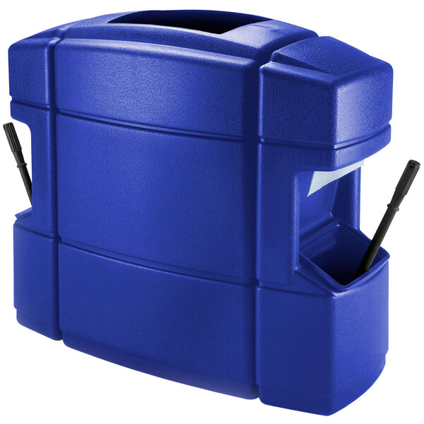 A blue plastic Commercial Zone Islander waste container with paper towel dispensers and squeegees.