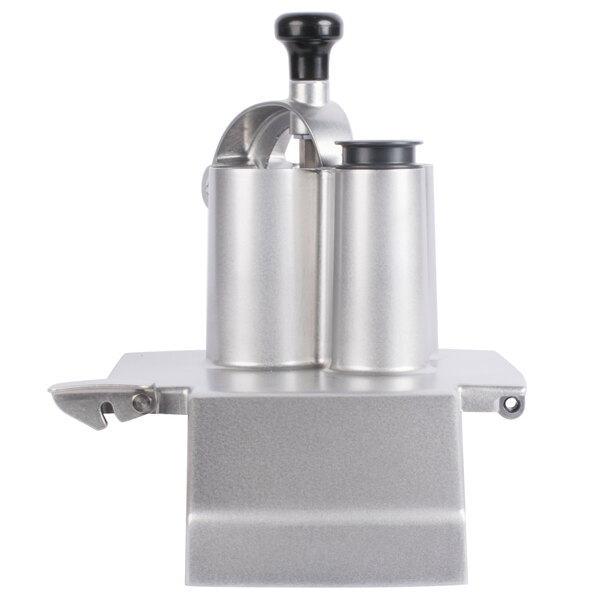A Robot Coupe stainless steel feed head with two blades.