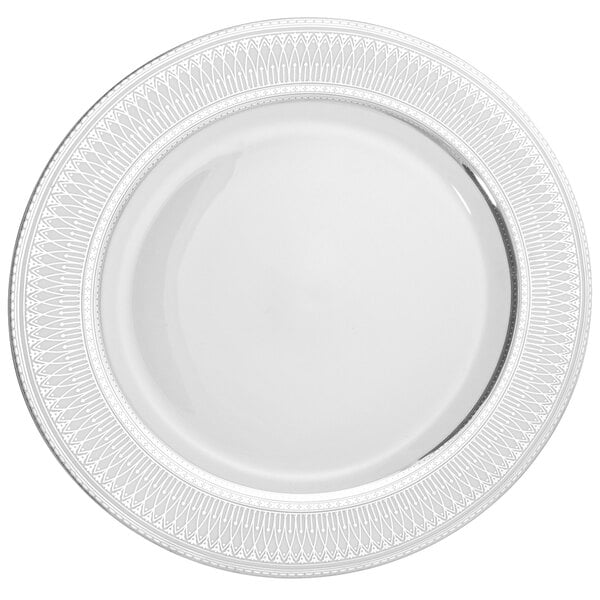 A white porcelain bread and butter plate with a silver rim and decorative border.