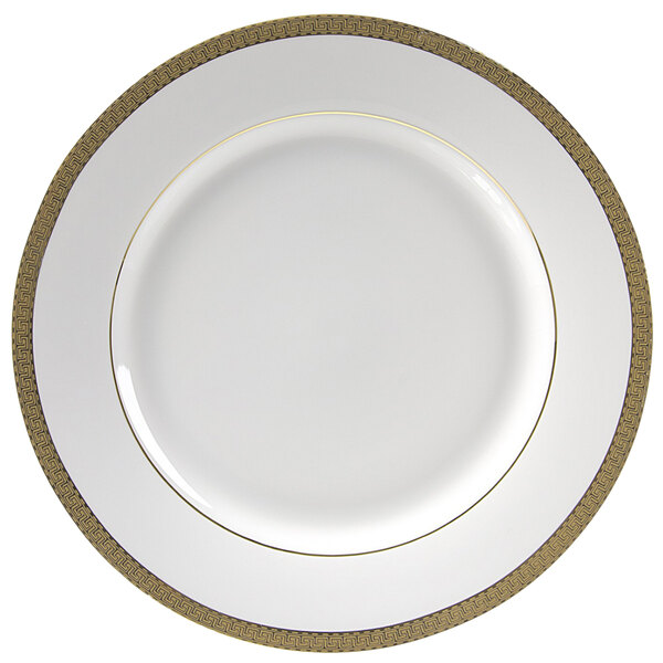 A white 10 Strawberry Street porcelain dinner plate with a gold rim.