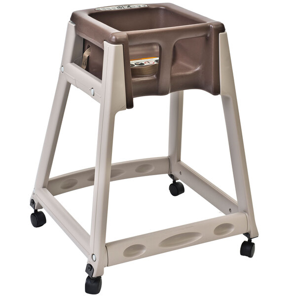 A Koala Kare beige plastic high chair with wheels and a brown plastic tray.