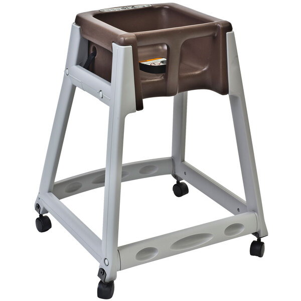 A Koala Kare KidSitter high chair with wheels and a brown seat.