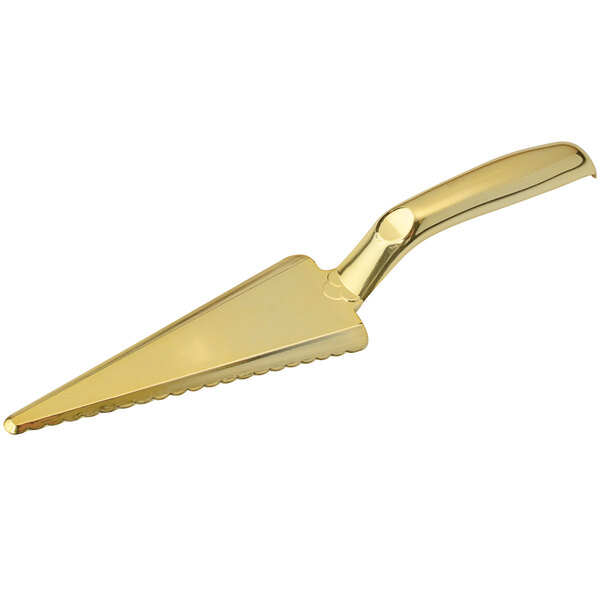 A Fineline Golden Secrets gold cake cutter and lifter with a long handle.
