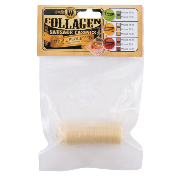 A package of Weston 33mm Collagen Sausage Casings on a counter.
