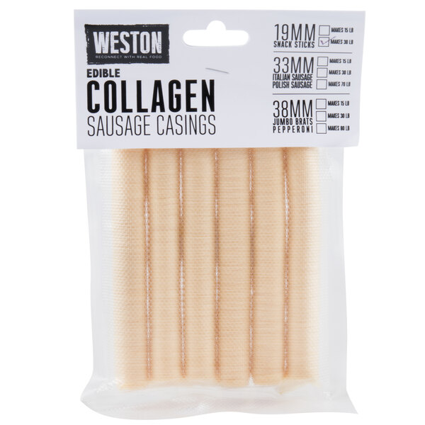 A package of Weston collagen sausage casings with black text on a white background.