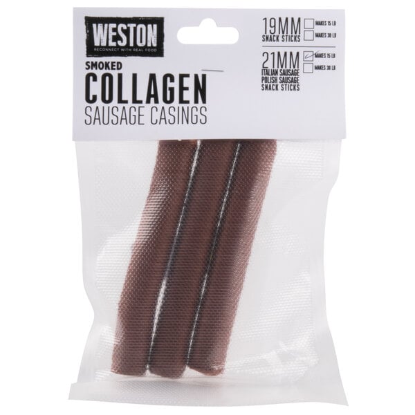 A package of Weston collagen sausage casings on a table.