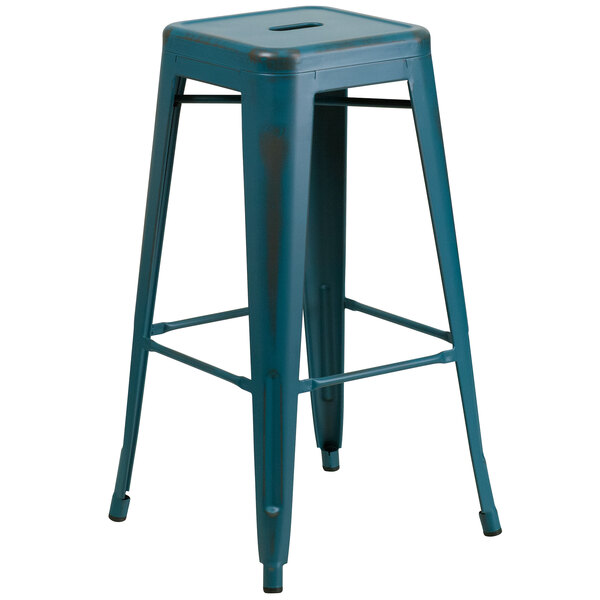 A blue Flash Furniture metal bar stool with a square seat.