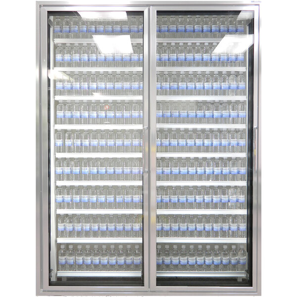 A Styleline walk-in cooler glass door with shelves holding bottles of water.