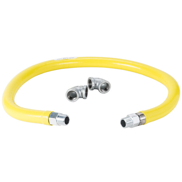 A yellow T&S gas appliance connector hose with silver metal fittings.