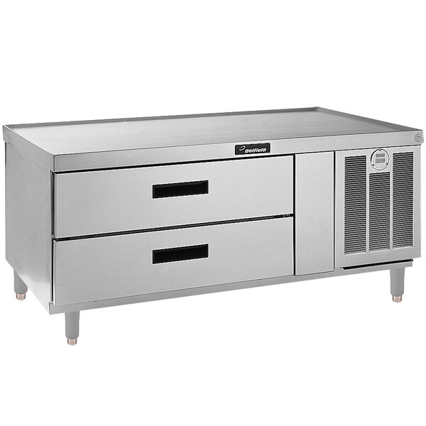 A Delfield stainless steel chef base with two drawers.