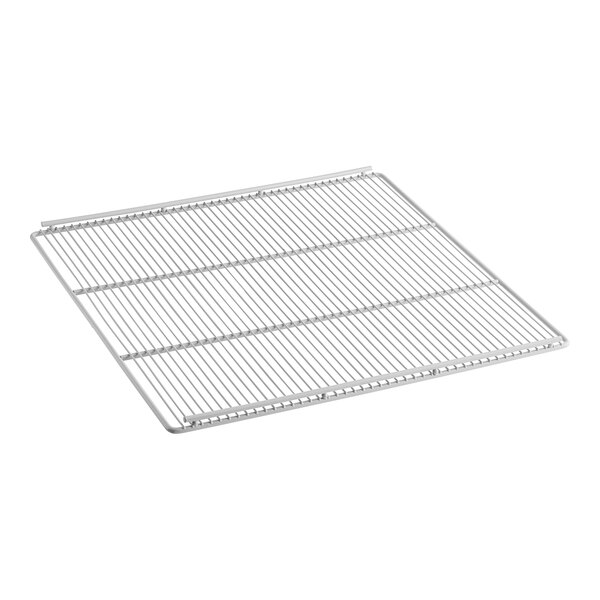 A Beverage-Air coated wire shelf with a metal grid.