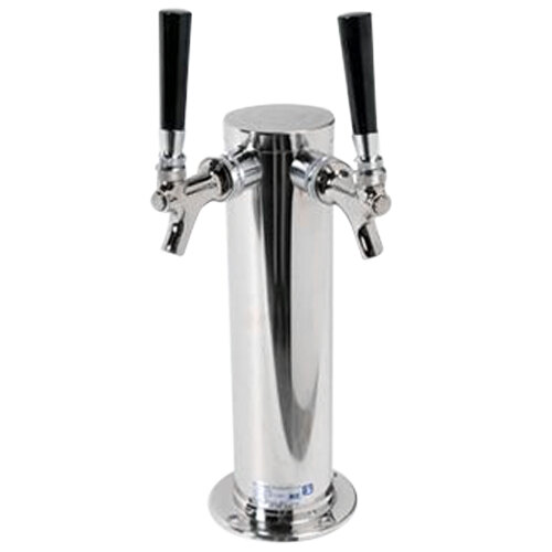 A stainless steel True 2 Tap Tower on a counter.
