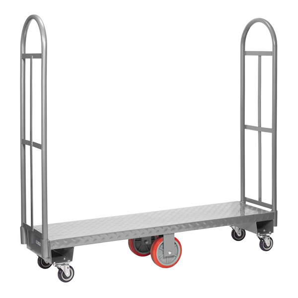 A gray Winholt utility cart with diamond steel deck and red handles and wheels.