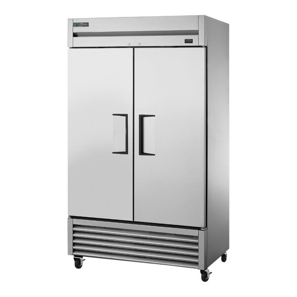 A stainless steel True reach-in refrigerator with two full-width doors.