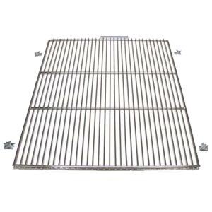 A stainless steel shelf with a grid on it.
