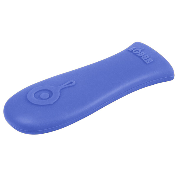 A blue silicone handle holder with a circle in the center.