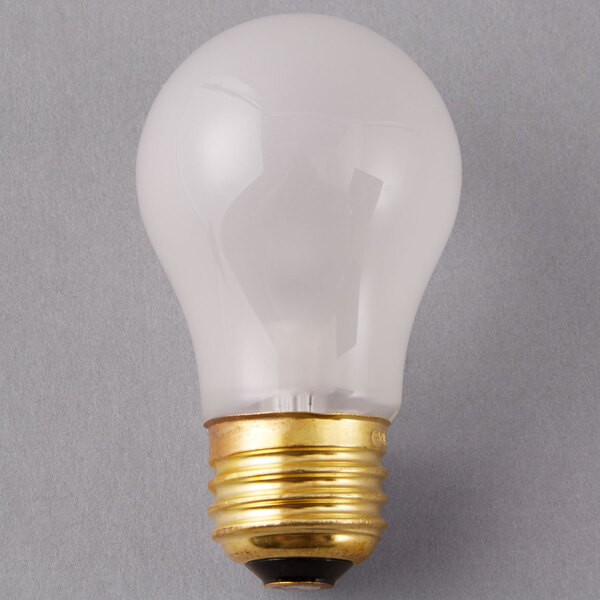 A Satco S3815 light bulb with a gold base and frosted finish.