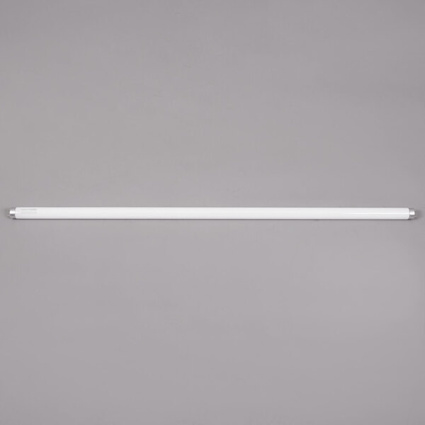 A Satco HyGrade T8 fluorescent light bulb with white tubes and writing on a grey background.
