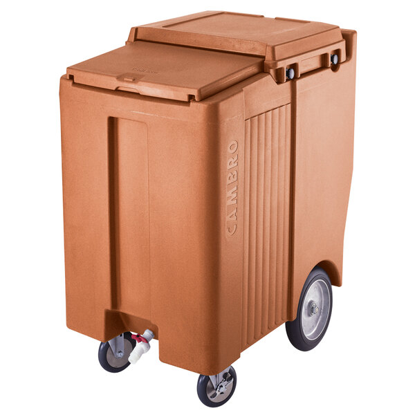 A large brown container with wheels.
