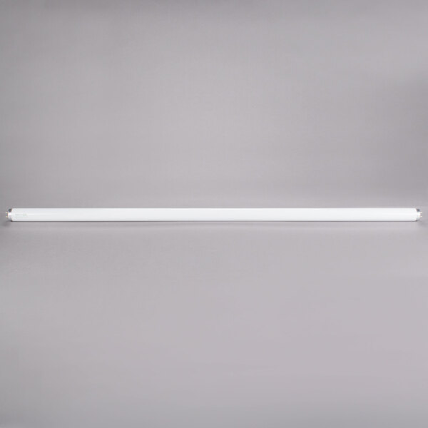 A long white rectangular Satco HyGrade fluorescent light bulb.
