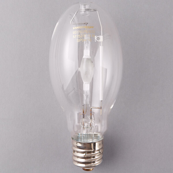 A close-up of a Satco clear metal halide light bulb with a silver base.
